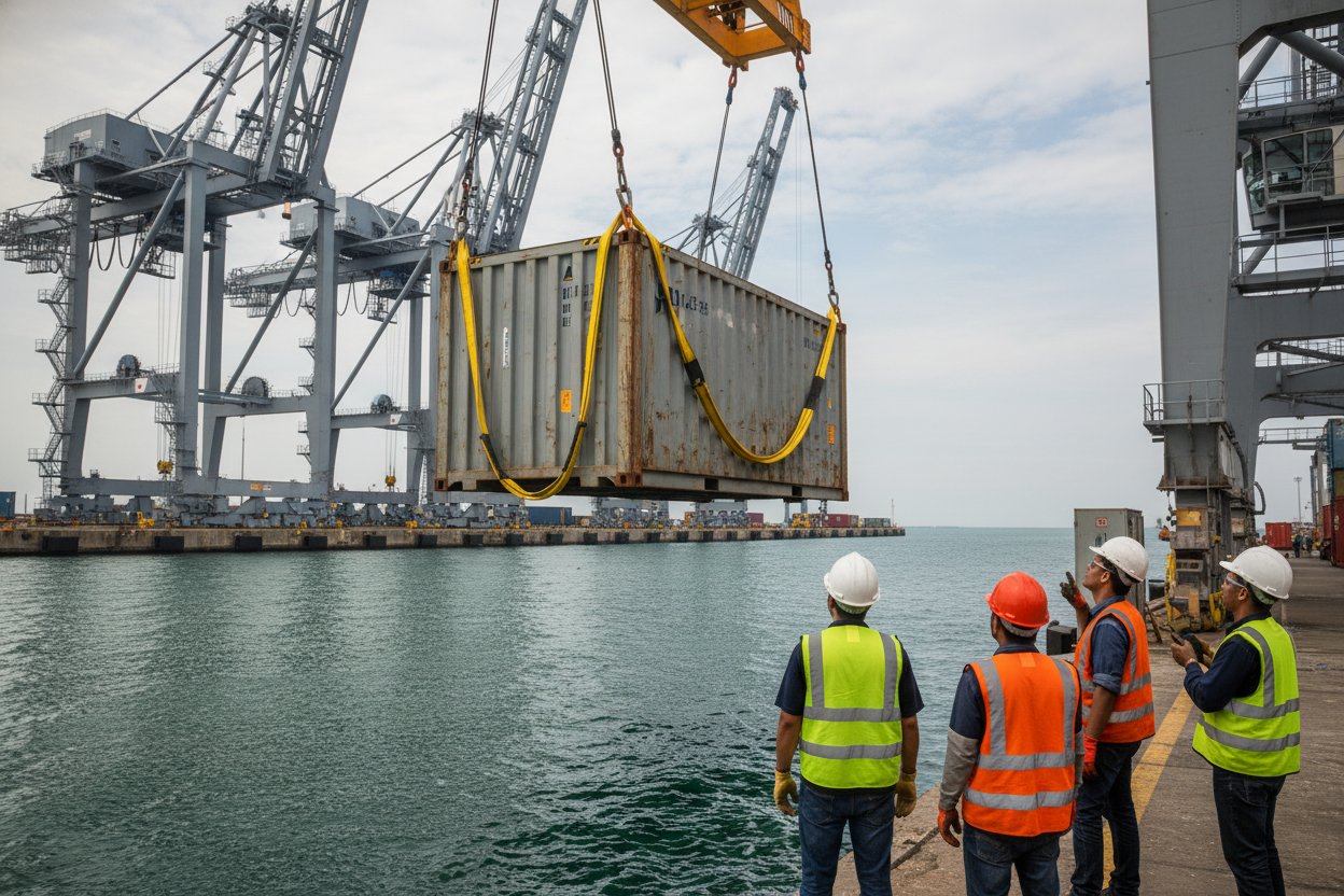 二重層ポリエステル構成のデュプレックスウェブスリング、積荷下の層状ウェビングと補強目を、クレーンと海水の反射が広がる工業ドックで