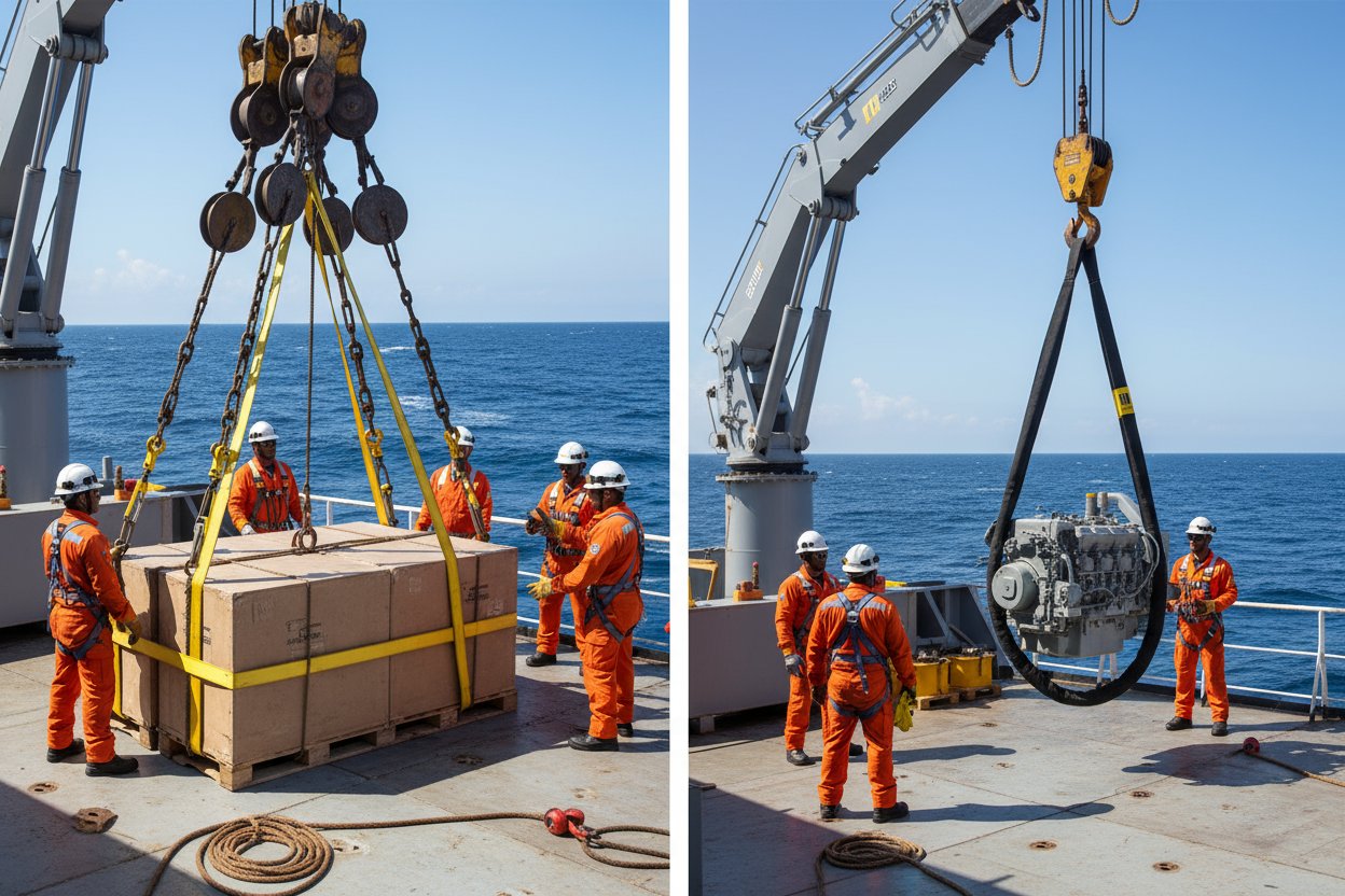 Порівняння пліч-о-пліч нескінченного ланцюгового стропа та круглого стропа, що показує плоску стрічкову петлю проти волокнистого серця з оболонкою, обидва в роботі на морському судні з елементами такелажу та видимими захисними поясами