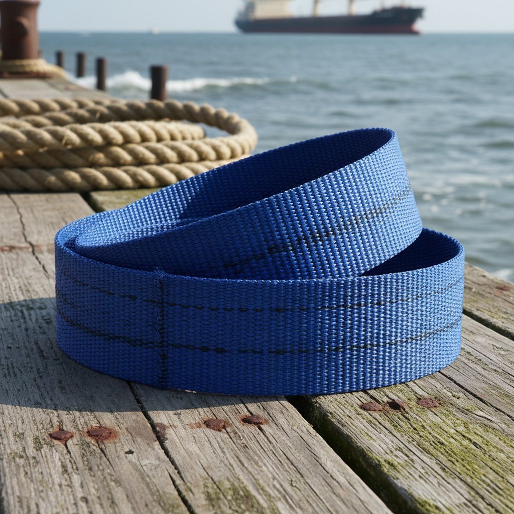 Close-up of a flat woven webbing sling made from blue polyester material, showing the interwoven strands and reinforced edges for marine lifting durability, with a coiled length against a nautical background.