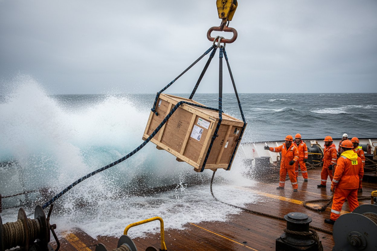 Illustration of a four leg sling in marine use, with polyester webbing branches connected to an unbalanced cargo load on a ship deck, master link overhead, waves causing visible tilt and uneven tension on one leg.