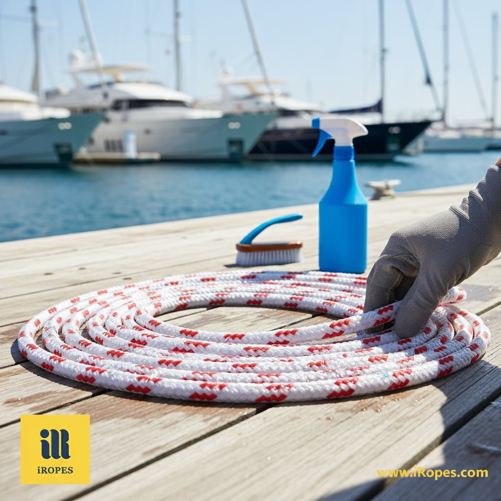 Coiled dock rope on a sunny deck with cleaning tools nearby, showing fresh rinse water droplets on blue fibers and an inspection hand checking for frays against a harbor backdrop