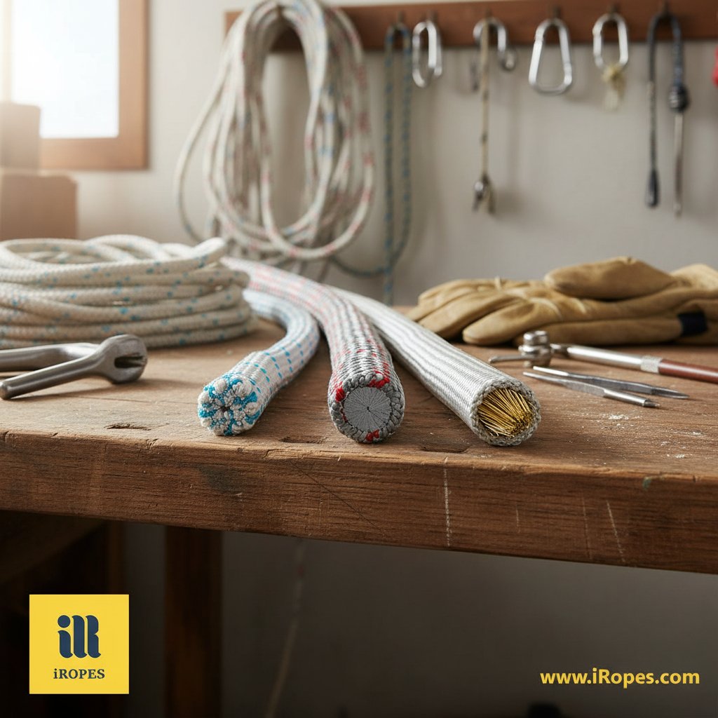 Naylon, polyester ve Dyneema yelkenli halatlarının enine kesit görünümleri, lif dokuları, örgü desenleri ve renk varyasyonlarını deniz atölyesinde gösteriyor