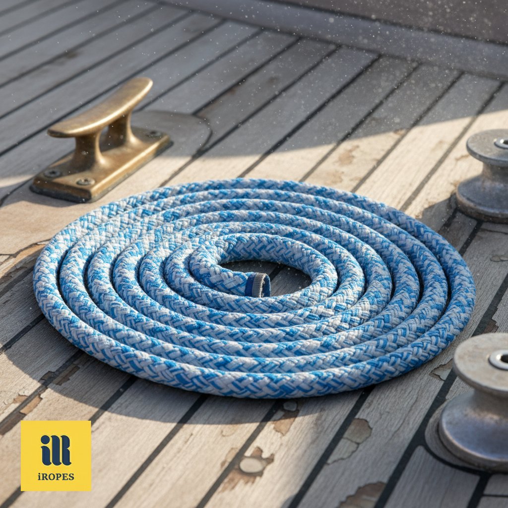 Plan apropiat al frânghiei de nailon albastre încolăcite, arătând textura împletită, suprafața netedă și culoarea vibrantă pe un fundal nautic cu stropi de mare și accesorii de barcă, subliniind durabilitatea și potrivirea marină.