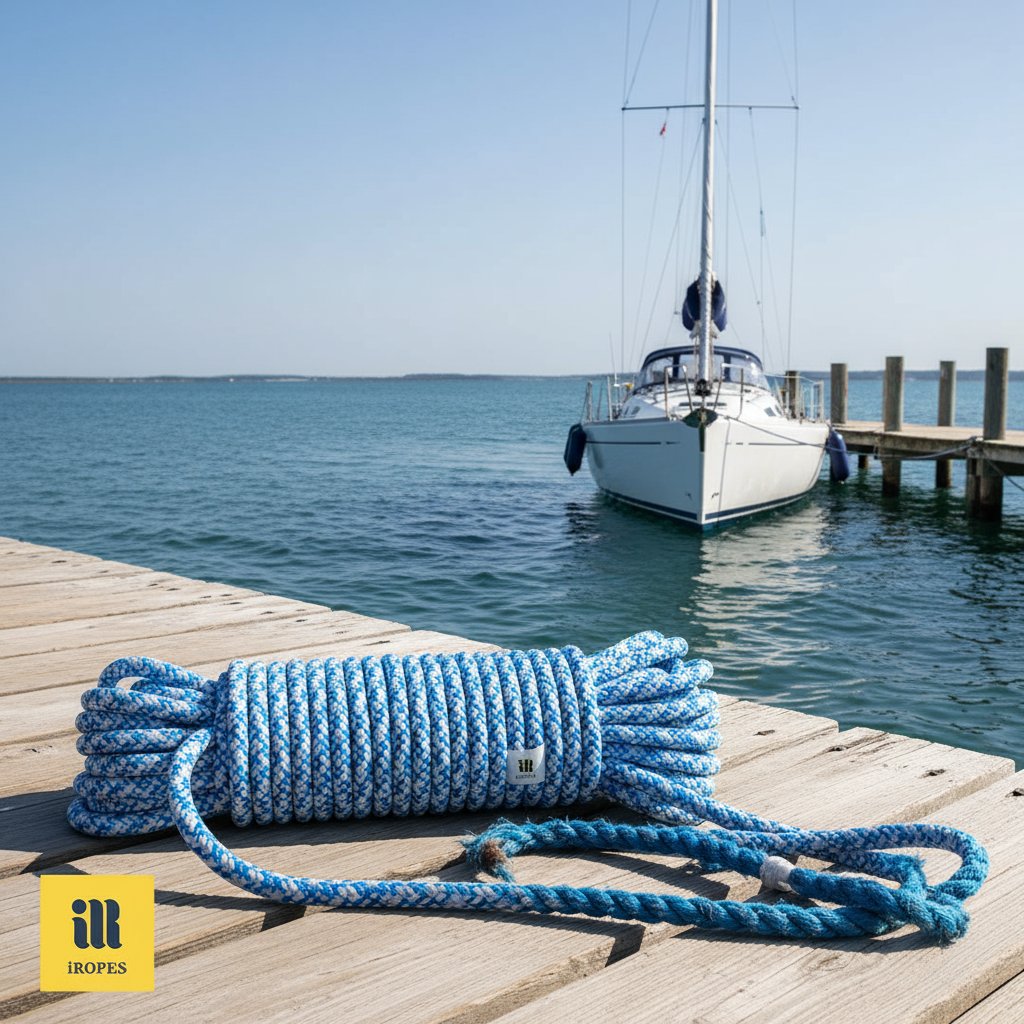 Frânghie marină albastră în construcție dublu împletit încolăcită pe un doc de lemn lângă o barcă cu vele, cu răsuciri vizibile în varianta cu 3 fire în apropiere, valuri legănându-se în fundal sub cer senin, subliniind utilitatea practică în navigație și vibranța culorii.