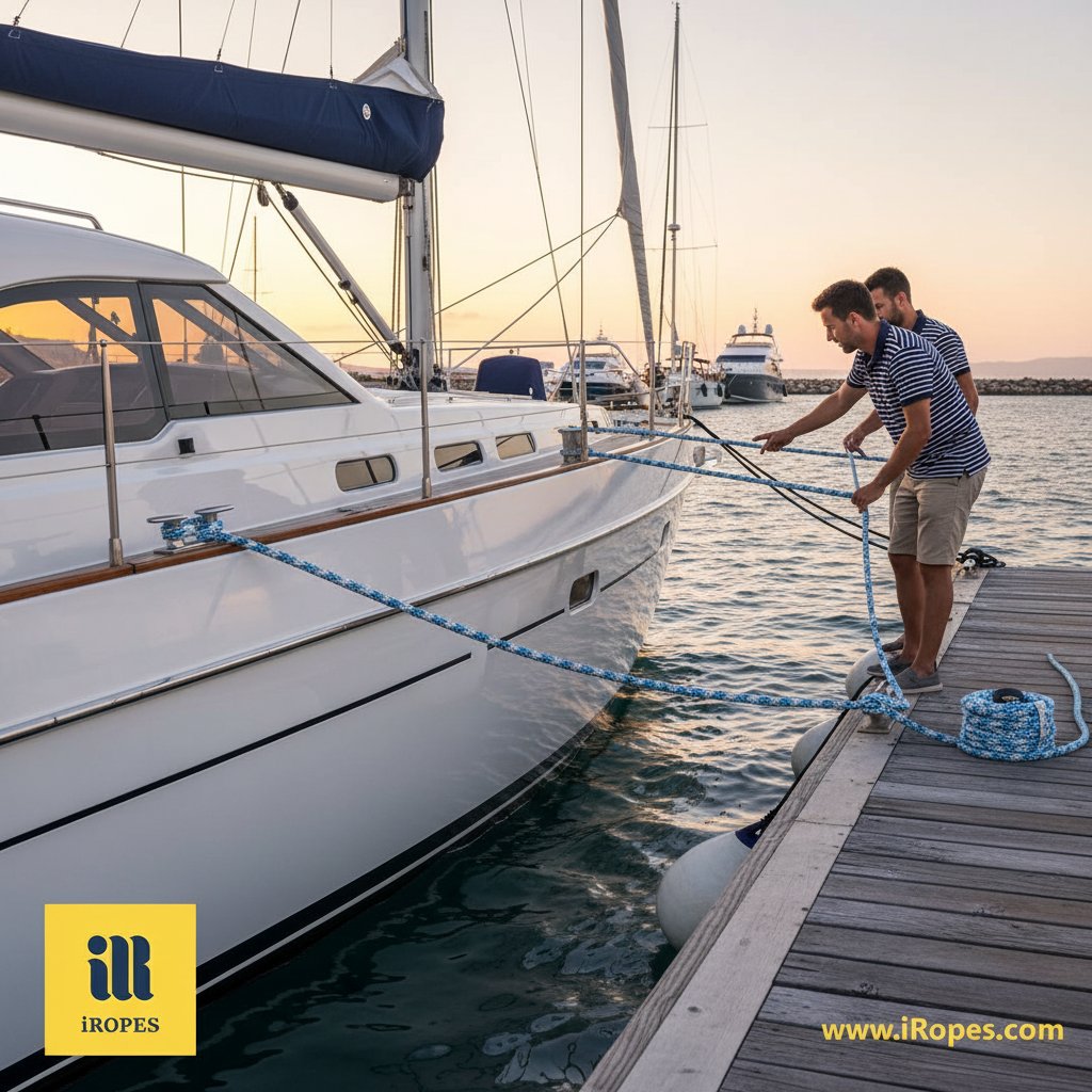 Frânghie de barcă albastră vibrantă fixând un iaht la un doc la apus, cu valuri reflectând culoarea și membrii echipajului identificând ușor liniile pe corpul navei și apă, capturând siguranța, organizarea și armonia marină stilată.