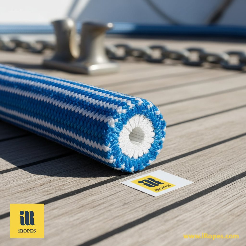 Pandangan close-up penampang tali kapal laut anyaman ganda menunjukkan inti kuat yang dibungkus penutup tahan lama, ideal untuk penjangkaran perahu di kondisi laut keras dengan warna biru dan anyaman bertekstur untuk visibilitas