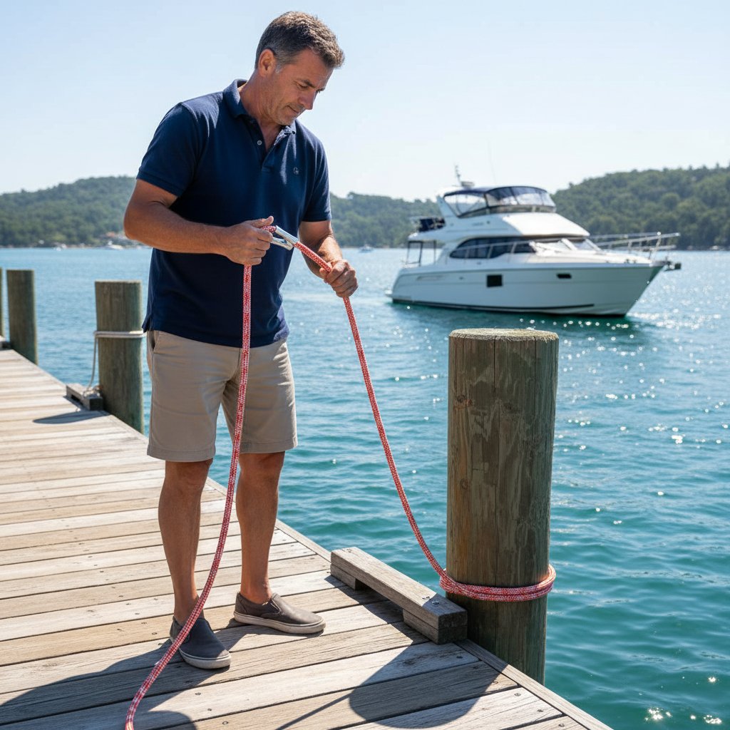 Pelaut mendemonstrasikan tali perahu anyaman fleksibel selama manuver penambatan di pelabuhan cerah, menunjukkan pemilinan halus dan sambungan mata berpelindung terhadap dermaga kayu dengan air biru dan kapal di latar belakang