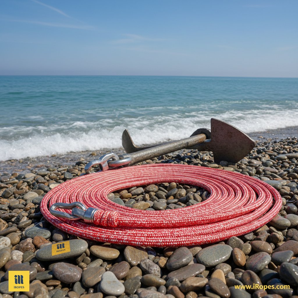 Tali jangkar anyaman nilon dengan pelindung terintegrasi dan gandeng yang terpasang pada jangkar perahu di pantai berbatu, menunjukkan penyelesaian aman dan panjang digulung terhadap ombak samudra dan garis pantai berbatu di bawah langit cerah