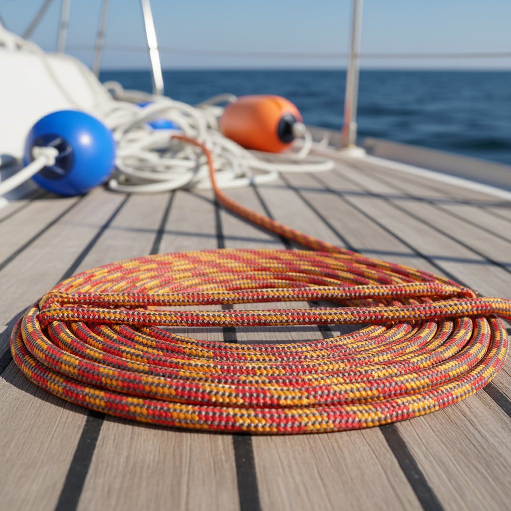 Plan apropiat al unei funii de amarrare din nailon încolăcită, arătând structura sa împletită flexibilă sub tensiune, cu fire vizibile întinzându-se ușor pe fundal nautic de funii și apărători pe puntea unei bărci