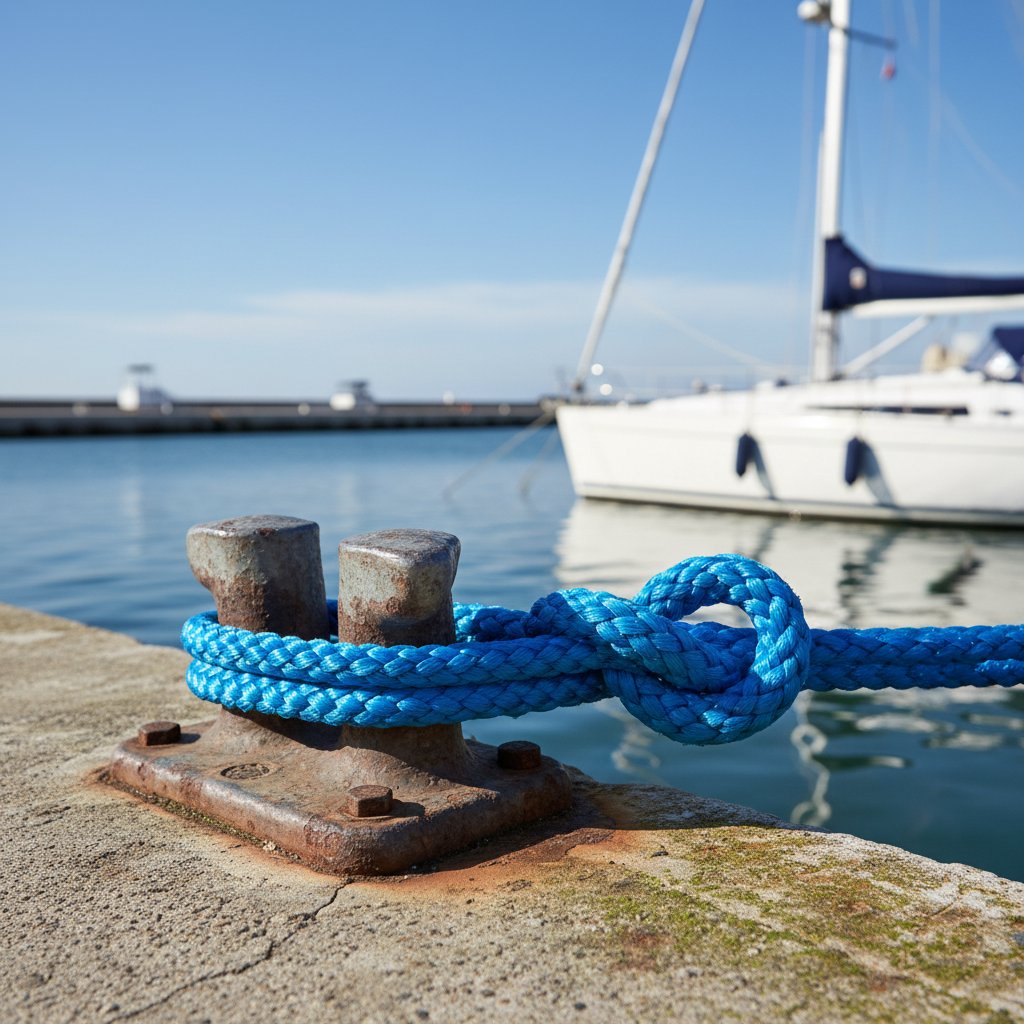 O porțiune de funie de amarrare din poliester legată sigur de o clemă metalică pe un doc de beton, afișând textură netedă dublu împletită și culoare vibrantă sub cer senin cu o ambarcațiune cu pânze în fundal