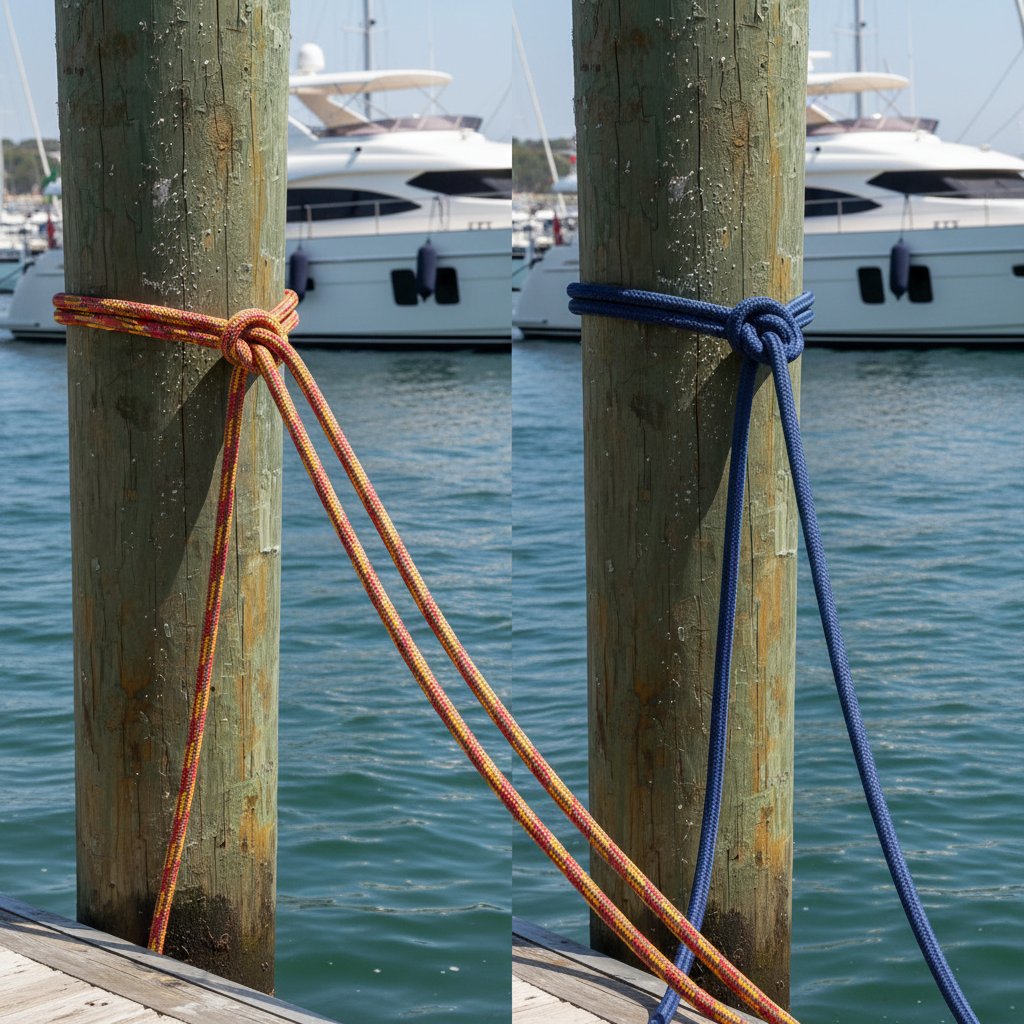 Vedere lado-cu-lado a funiilor de amarrare din nailon și poliester sub tensiune pe un doc, nailonul întinzându-se vizibil în timp ce poliesterul rămâne tensionat pe fundal de bărci și valuri oceanice sub soare