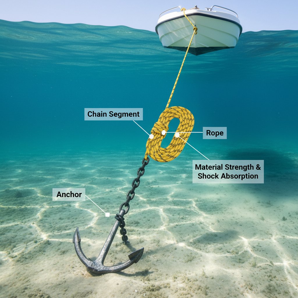 完整锚泊系统示意图，展示锚、锚链段和盘绕的船锚绳延伸至平静水面上的船只，并标注各部件