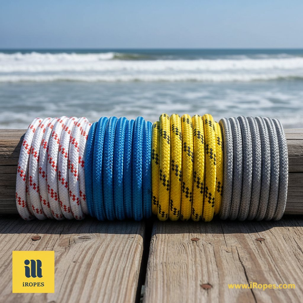 尼龙、聚酯、聚丙烯和戴尼玛船锚绳的特写比较，并排盘绕在木码头上，展示纹理差异，背景是晴空下的海浪