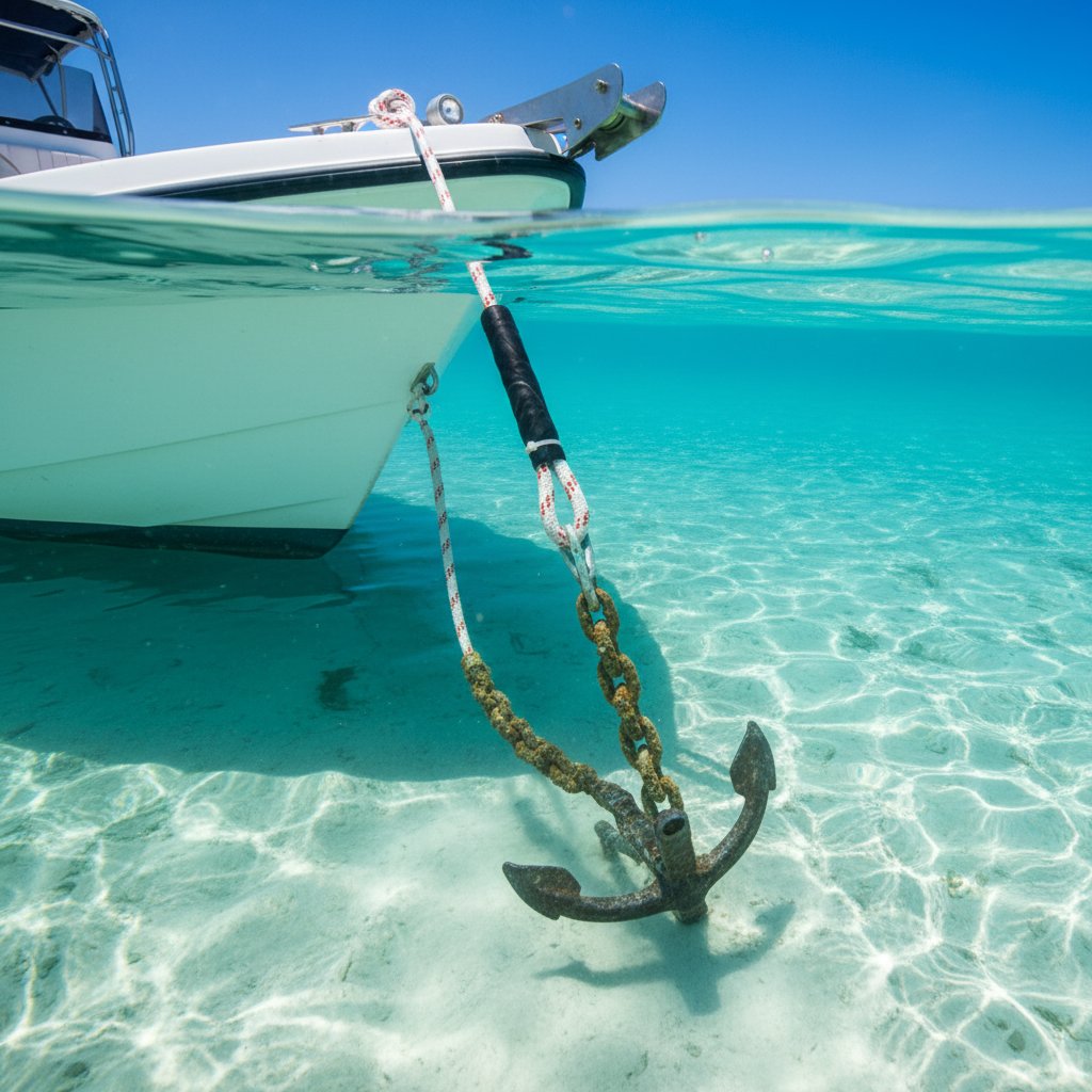 锚泊系统组装插图，镀锌锚链段通过扣环连铲锚，锥形套拼接的船锚绳向上延伸，船首连接处有摩擦护管，小船在浅 turquoise 水域