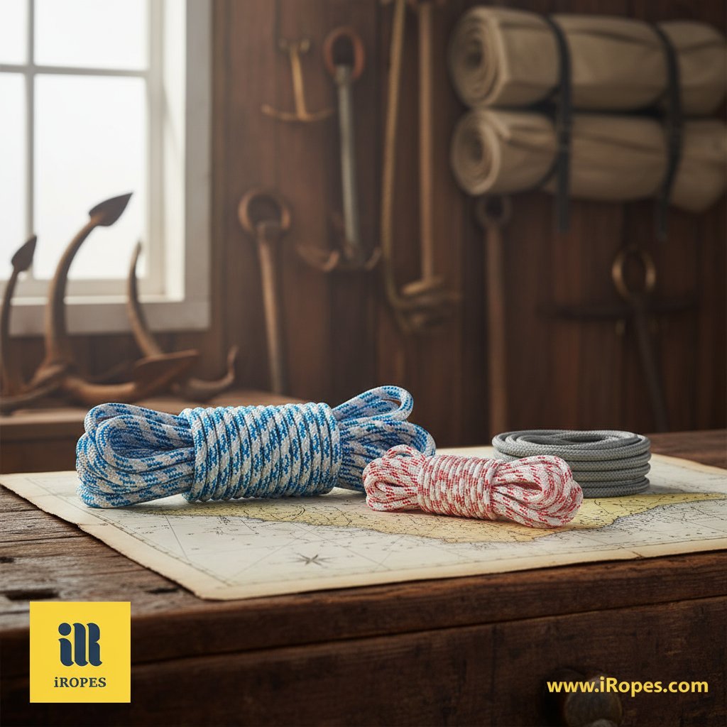 항해 차트 위에 3가닥 꼬임, 더블 브레이드, 싱글 브레이드 해양 로프가 코일져 있으며, 흐린 배경에 보트 앵커와 돛이 있어요. 부드러운 실내 조명 아래 텍스처와 구조 차이를 강조합니다