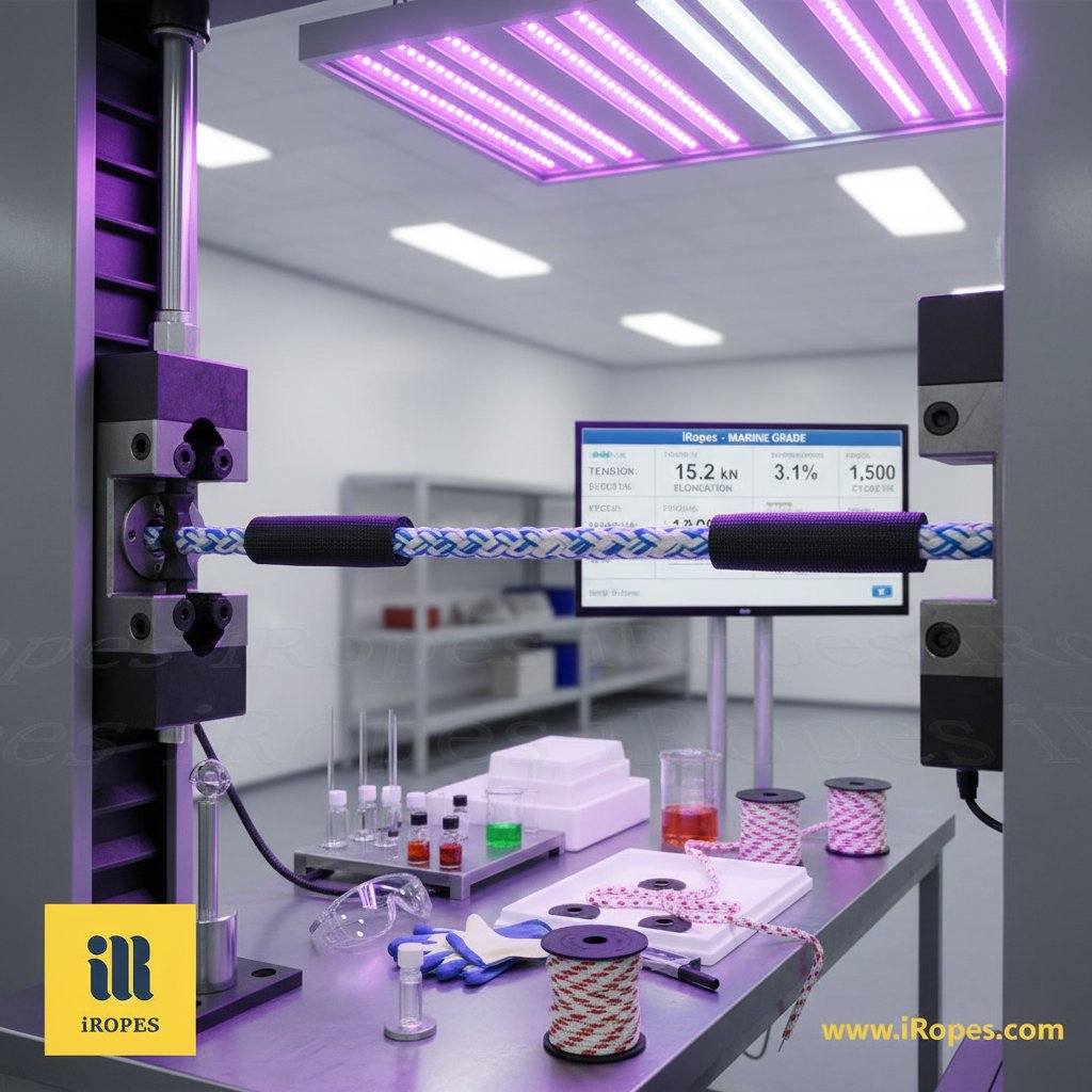 고품질 해양 로프의 테스트 클로즈업, 기계에 인장 풀 테스트와 차페 기어 부착, 자외선 램프가 햇빛 시뮬레이션, 화학 노출 설정을 실험실 환경에서 명확한 강도 지표와 함께
