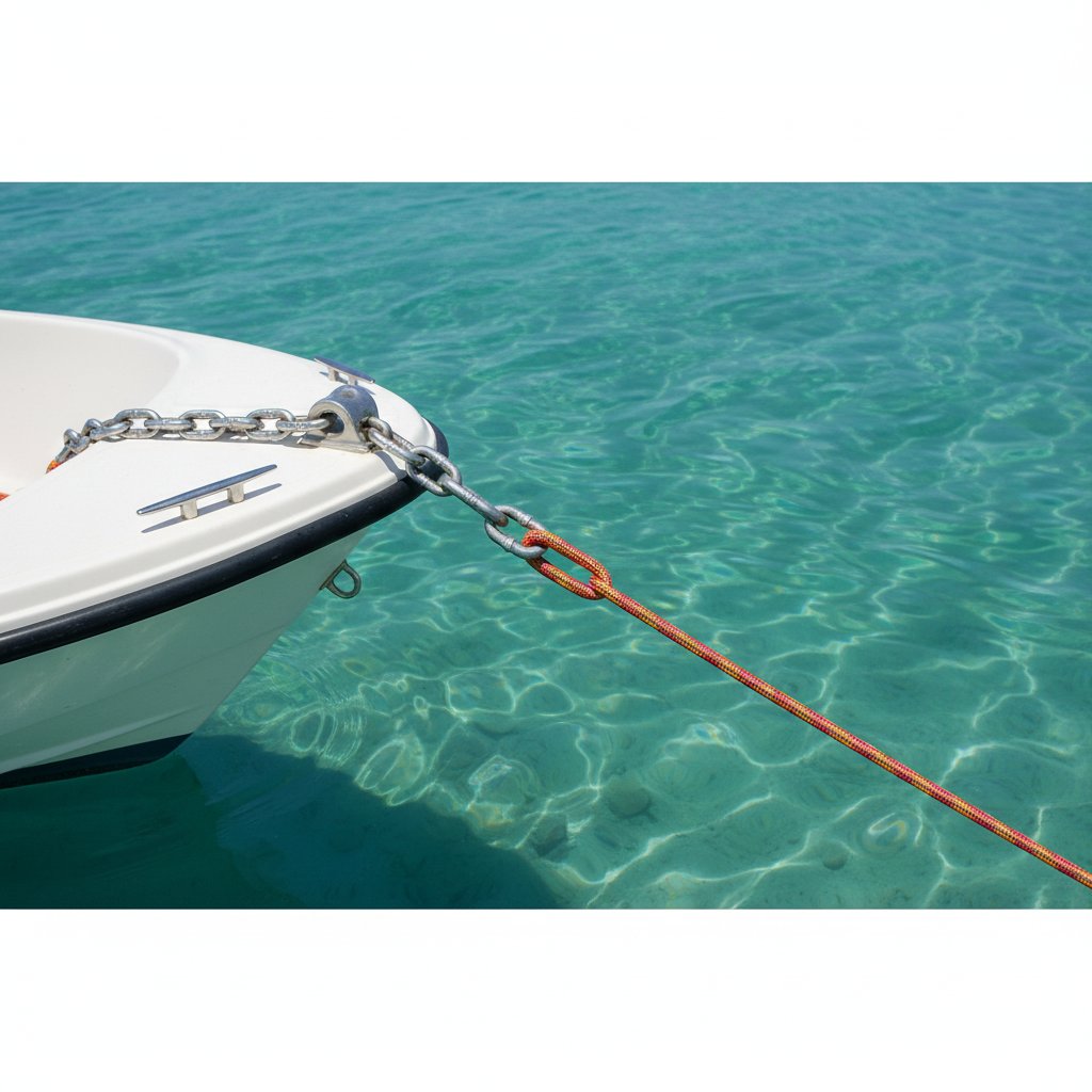 잔잔한 물결 속 작은 배가 앵커를 내린 앵커 로드 시스템의 체인-로프 연결 상세도, 바다 바닥이 선명하게 보임