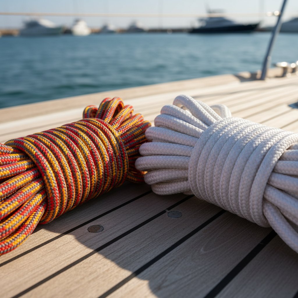나무 데크에 감긴 나일론과 폴리에스터 앵커 로프 클로즈업 비교, 나일론의 약간의 광택과 폴리에스터의 부드러운 질감이 자연광 아래 드러나며 배경에 흐린 바다 파도