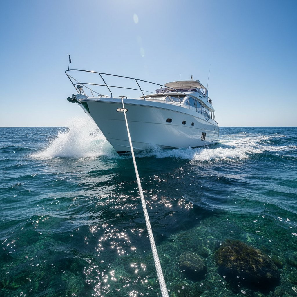 Polyester çapa halatının dalgalı mavi sularda yatagandan atılışı, pruvada sarılı zincir, halat dalgalara karşı gergin, altında kayalık dip görünümü, deniz koşullarında güvenli tutuş ve dayanıklı beyaz lifleri vurguluyor.