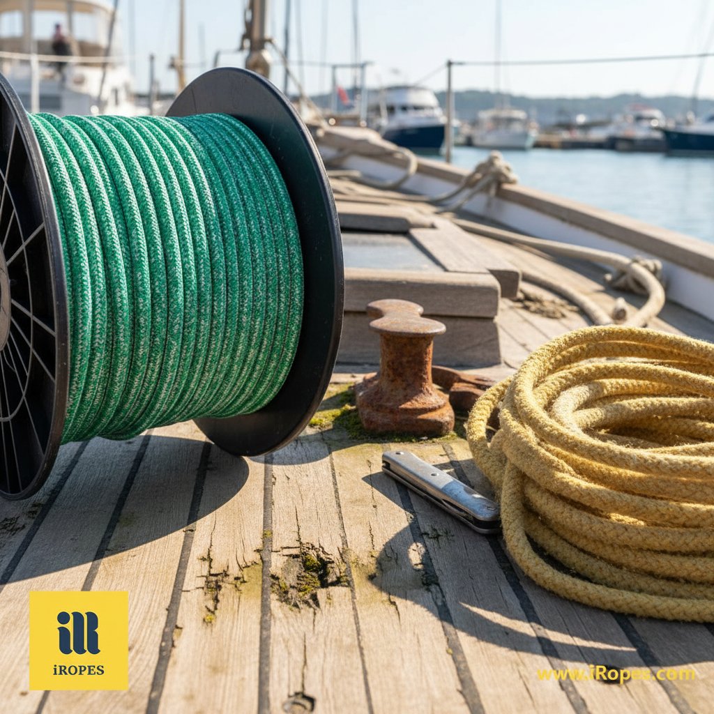 Tekne güvertesinde polyester ve naylon deniz halatlarının yan yana karşılaştırması, polyesterin net beyaz sarımları naylonun hafif solmuş ve uzamış hatlarının yanında liman güneşinde, yakındaki aletler ve halkalarla doku ve durum farklarını pratik olarak gösteriyor.