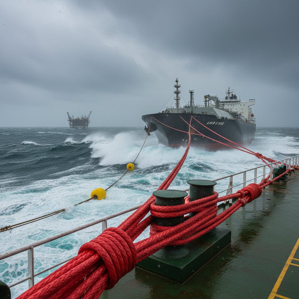 HMPE mooring lines securing a large LNG carrier at sea with turbulent waves and a distant offshore platform visible, emphasizing secure attachment points and braided rope texture in stormy conditions