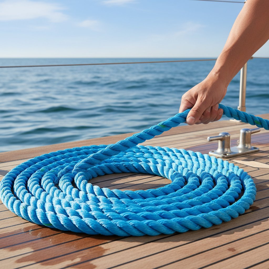 배 갑판 위에 감긴 나일론 계류 로프, 클리트에 팽팽하게 당겨진 부드러운 질감과 약간의 탄성을 보여주며, 배경에 바다 파도와 햇살이 재질의 깨끗하고 튼튼한 표면을 강조하고 마모 흔적이 없음.