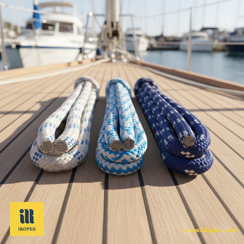 Detailed cross-section views of 3-strand twisted, double-braided, and single-braided sailing cords coiled on a yacht deck, illustrating internal structures with fibres visible under natural harbour light, emphasizing differences in flexibility and strength for marine use