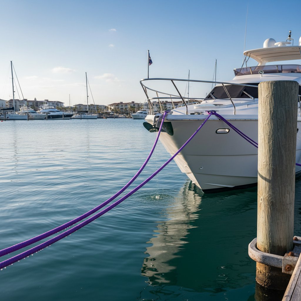 Tali dermaga elastis ungu cerah mengamankan kapal pesiar di pelabuhan cerah, kontras dengan air biru dan tiang kayu, dengan regangan terlihat saat lonjakan ringan, soroti warna menonjol dan detail daya tahan seperti tekstur anyaman.