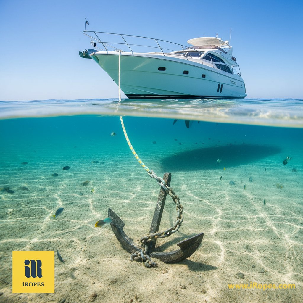 圖解顯示錨繩系統組件，包括嵌入海床的爪型錨、連接鍍鋅鐵鏈向下彎曲產生懸鏈線效應，接著延伸至尼龍繩索線上引至平靜水域中船殼，以藍色調與細微浪花細節