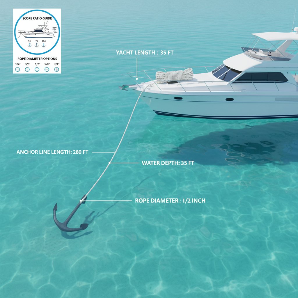 錨繩尺寸圖解指南：35 英尺船隻側面圖以測量線顯示甲板上捲曲的 1/2 英寸直徑繩索，在 35 英尺深沙質海床上以 8:1 放繩比率延伸 280 英尺，內嵌直徑圖表與放繩比率圖標，以清晰藍白調