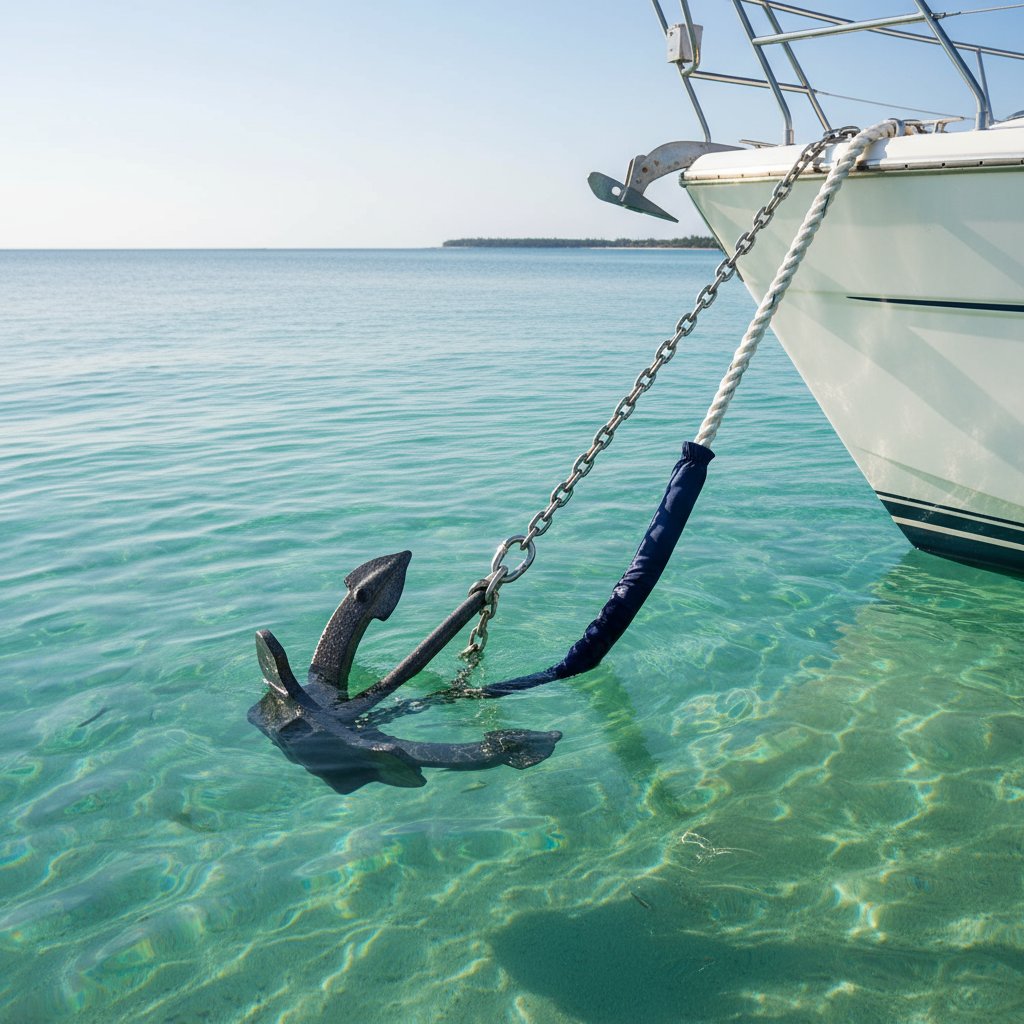 錨繩組裝細節視圖：鍍鋅 BBB 鐵鏈連結接合尼龍繩端帶吊筒，經鉸鏈連接爪型錨，顯示從船首部分部署於淺 turquoise 水域，可見懸鏈線曲線與防磨護管