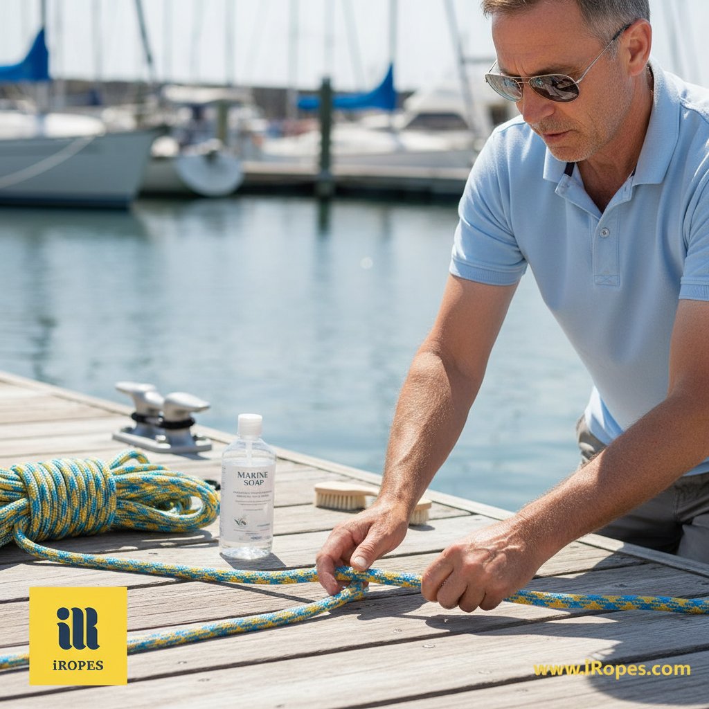 ภาพใกล้ชิดชาวเรือตรวจเชือกจูงโพลีเอสเตอร์หาความสึกไถและรอย UV บนท่าจอดแดดจัด พร้อมเครื่องมือทำความสะอาดและม้วนเก็บใกล้ๆ