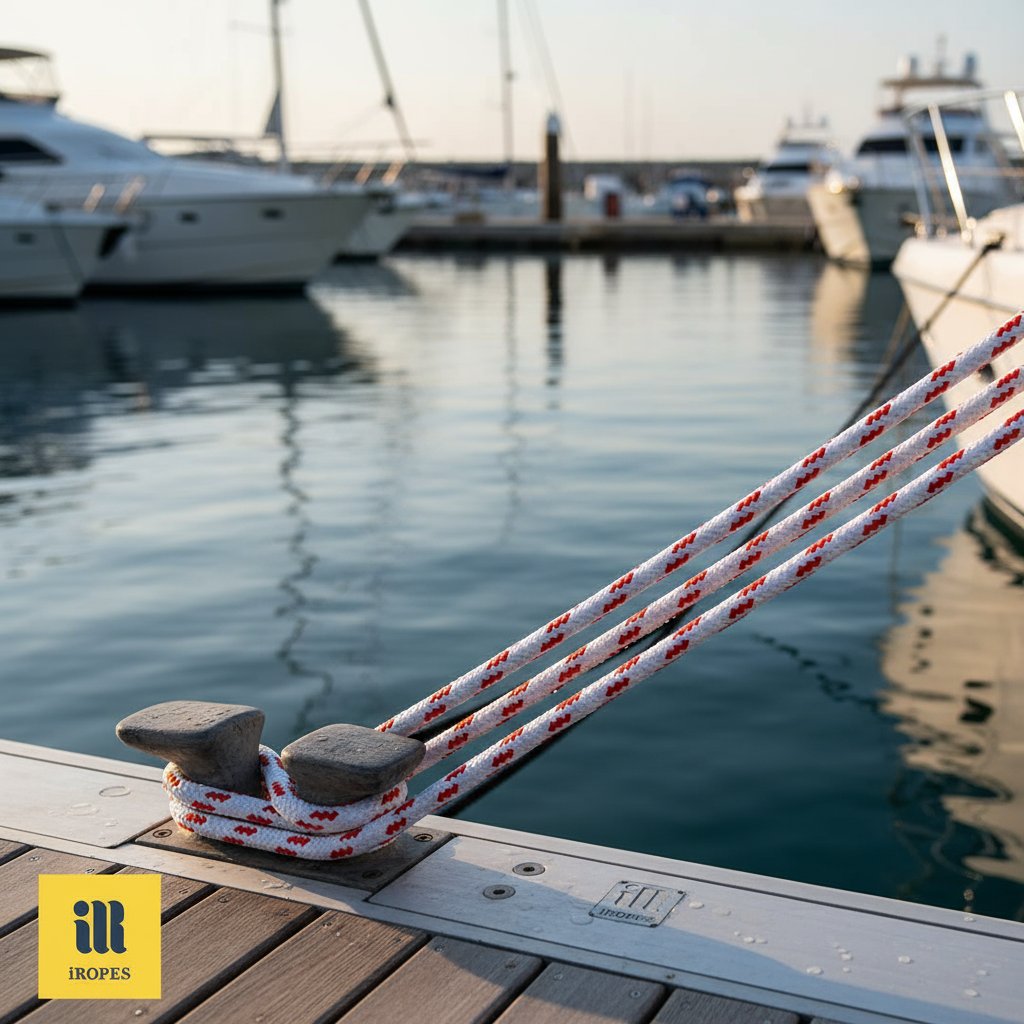 টানের অধীনে একটি টেকসই মুরিং দড়ির ক্লোজ-আপ, ব্রেইডেড ফাইবারগুলো মারিনা সেটিং-এ টান সামলানো দেখাচ্ছে, পটভূমিতে নীল জল এবং কাঠের ডক