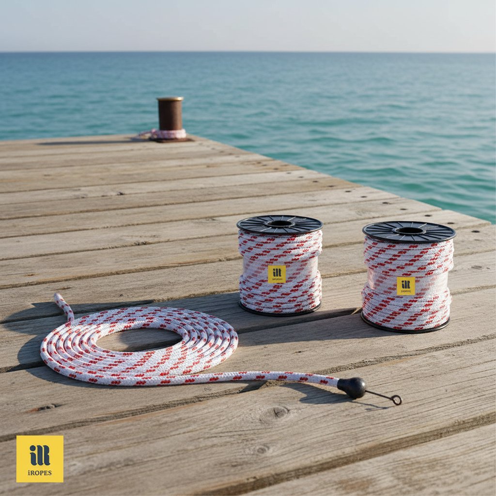 কাঠের ডকে পাশাপাশি কয়েল করা নাইলন এবং পলিয়েস্টার মুরিং দড়ি, একটি সিমুলেটেড লোডের অধীনে সামান্য প্রসারণ দেখাচ্ছে এবং অন্যটি উপকূলীয় পটভূমিতে শান্ত জল এবং দূরের দিগন্তের বিরুদ্ধে দৃঢ় আকার ধরে রেখেছে