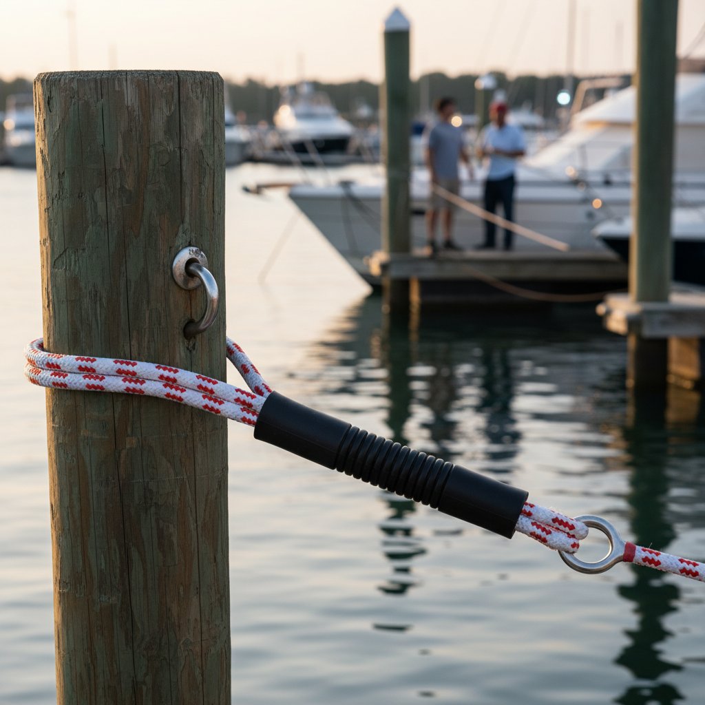 কাঠের পাইলিং-এর চারপাশে কালো রাবার চেফ গার্ড মোড়ানো একটি মুরিং দড়ি, শেষে স্টেইনলেস স্টিল থিম্বল দিয়ে আই স্প্লাইস তৈরি, এবং ইনলাইনে কয়েল করা শক অ্যাবজর্বার, শান্ত সন্ধ্যার আলোয় নিরাপদ নৌকা সহ ব্যস্ত মারিনার বিরুদ্ধে সেট