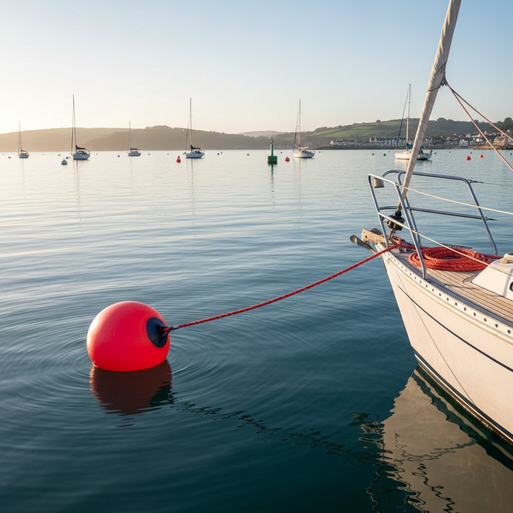 船只稳固系在平静港湾浮标，甲板上可见盘绕浮标绳，展示轻浪下正确连接与张力