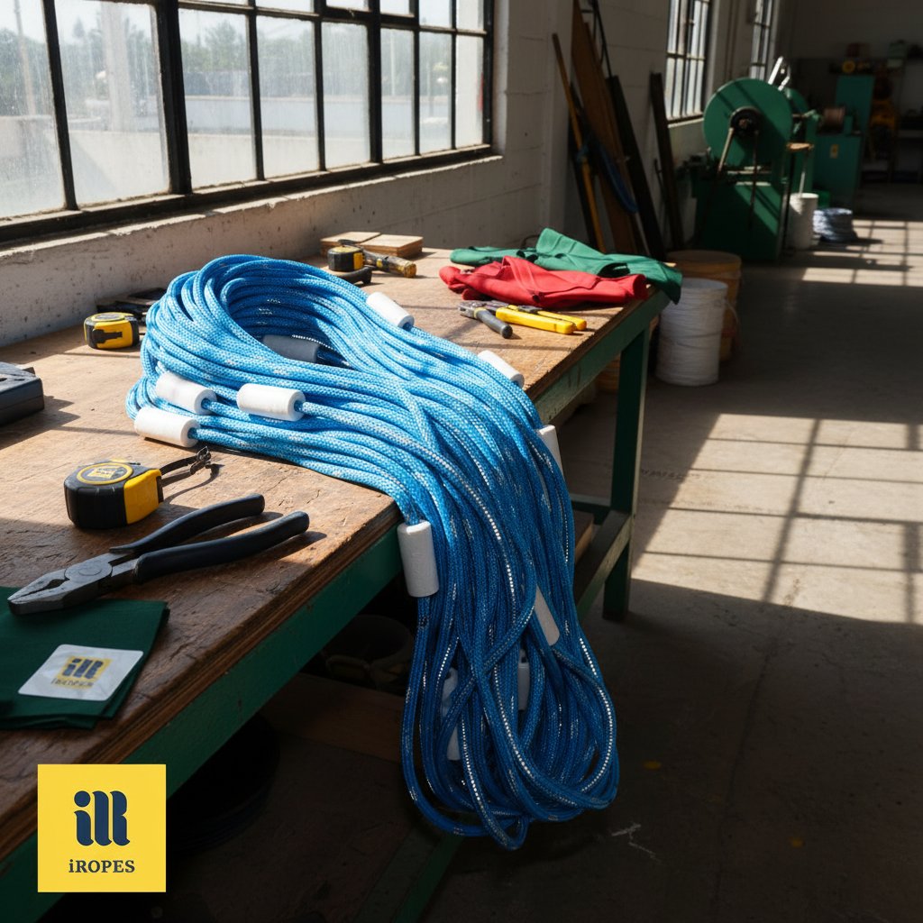 带浮子和反光元素的定制浮标绳盘在车间台上，周围工具与织物样品，明亮制造设施中