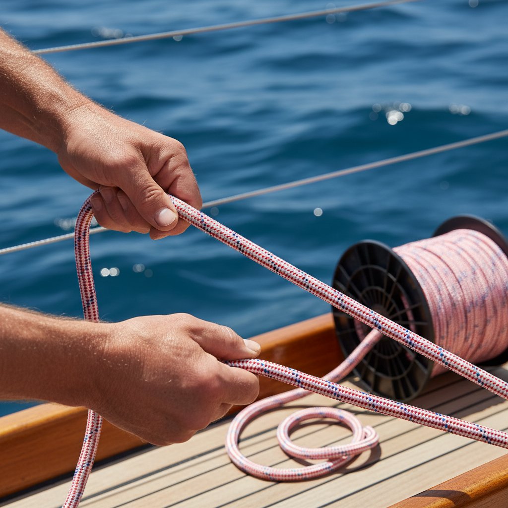 双编锚绳的特写展示编织芯部与外层结构，尼龙纤维交织提供海上环境中的强度与柔韧性