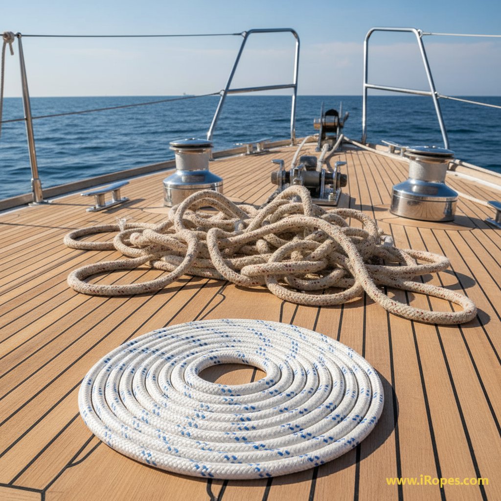 双编锚绳在船甲板上顺滑盘卷无扭结，旁边对比纠缠的三股绳，海洋背景蓝水与游艇硬件