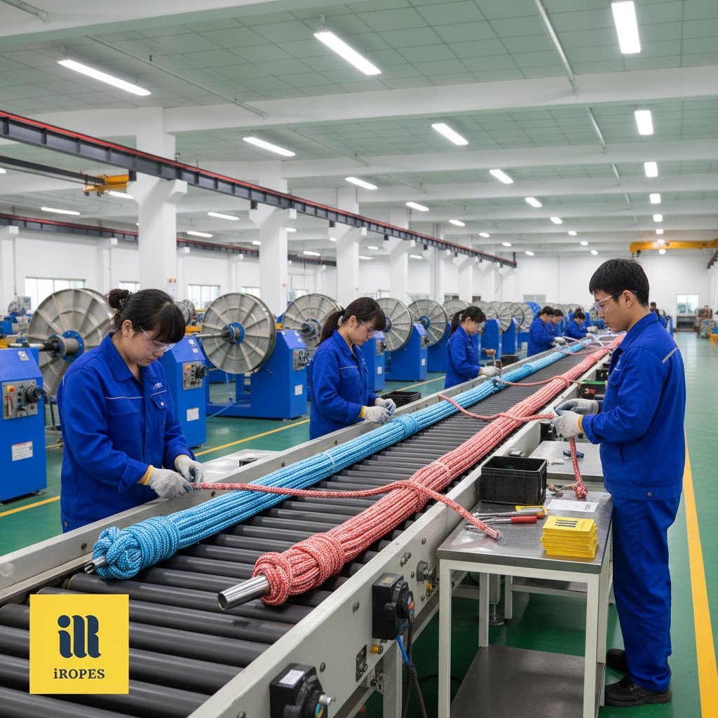 定制双编尼龙锚绳各种颜色和直径在生产线上展示，配锚环和splice工具，现代工厂环境突出精密制造和品牌选项