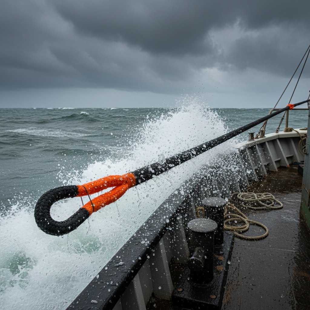 Primo piano di una cima in nylon tesa sotto carico d'urto marino, che mostra l'elasticità con onde che si infrangono su una barca ormeggiata in un mare tempestoso, fibre blu che si flettono contro la schiuma bianca, trasmettendo durabilità e sicurezza.