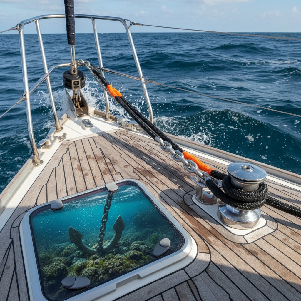 Cima nautica in nylon come cima d'ancoraggio fissata a una catena sul ponte di una barca a vela, con onde blu e fondale roccioso sullo sfondo, illustrando tenuta sicura e assorbimento degli urti in acque turbolente.