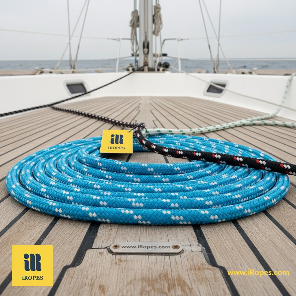 Close-up of coiled polyester rope showing its smooth braided texture against a nautical background with sea waves and yacht rigging in soft blue tones for durability focus