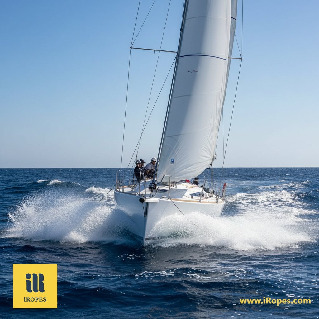 Yacht in motion with low stretch polyester ropes taut on halyards and sheets, capturing blue ocean spray and white sails billowing sharply against a clear sky for dynamic performance illustration
