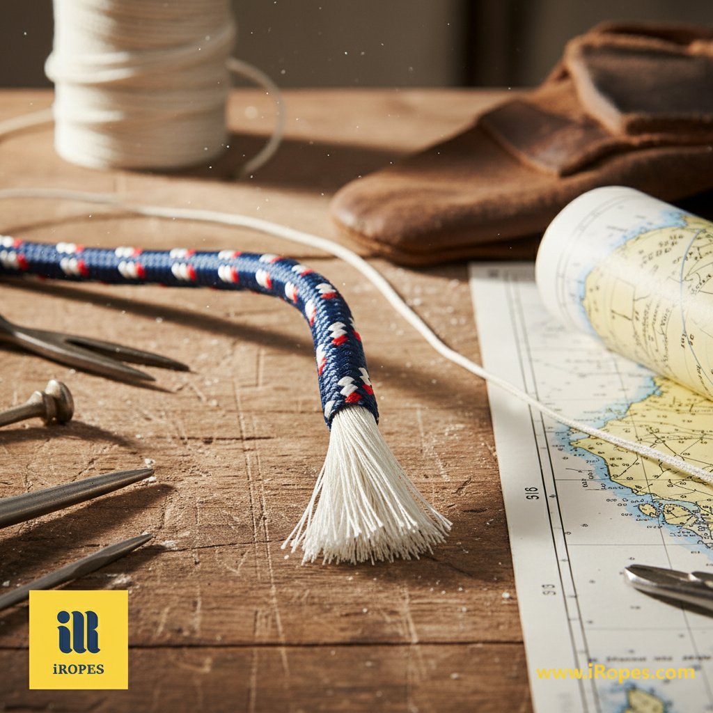 Detailed cross-section of double braid polyester yacht rope revealing braided core and jacket layers with close-up fibers in white and blue hues against a workshop bench for construction clarity