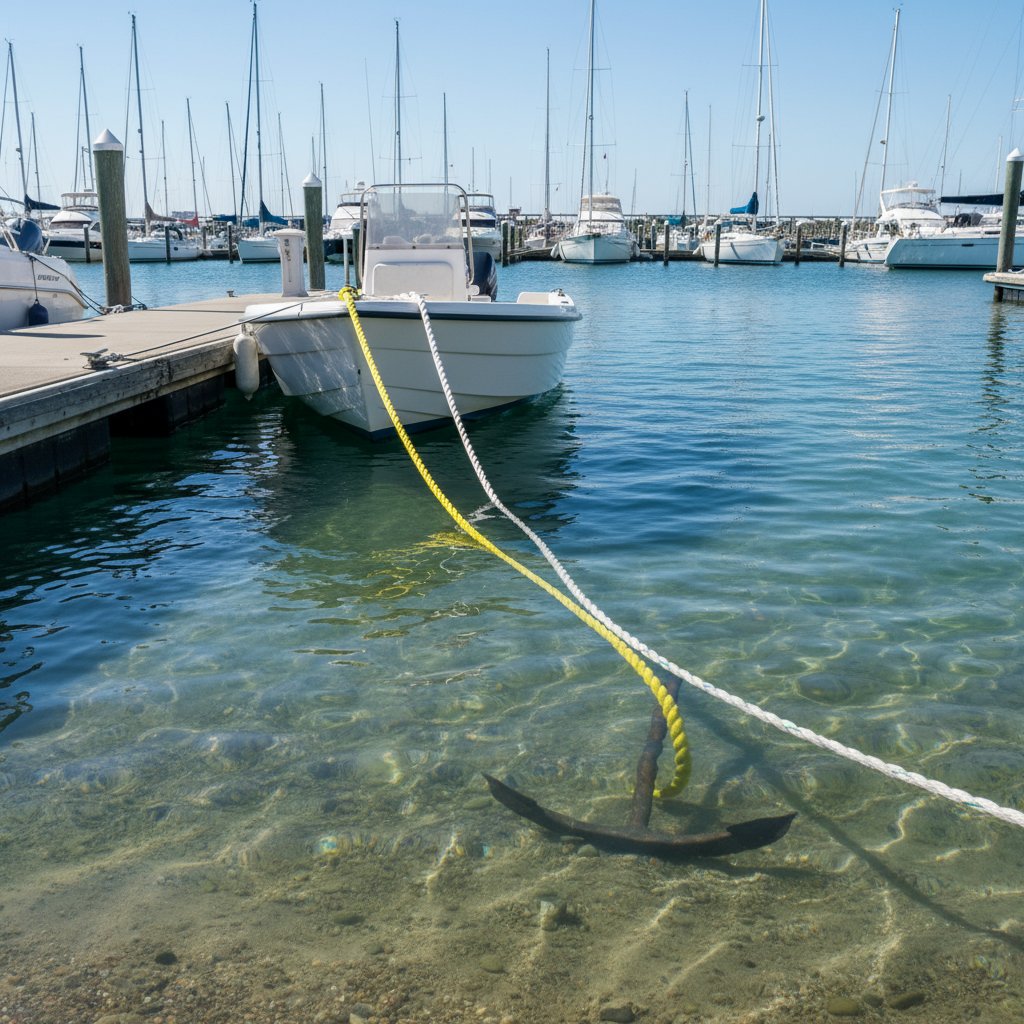 黄色聚丙烯绳浮于水面与白色尼龙绳下沉并排对比，锚定在码头船只上，突出浮力和颜色的鲜明差异