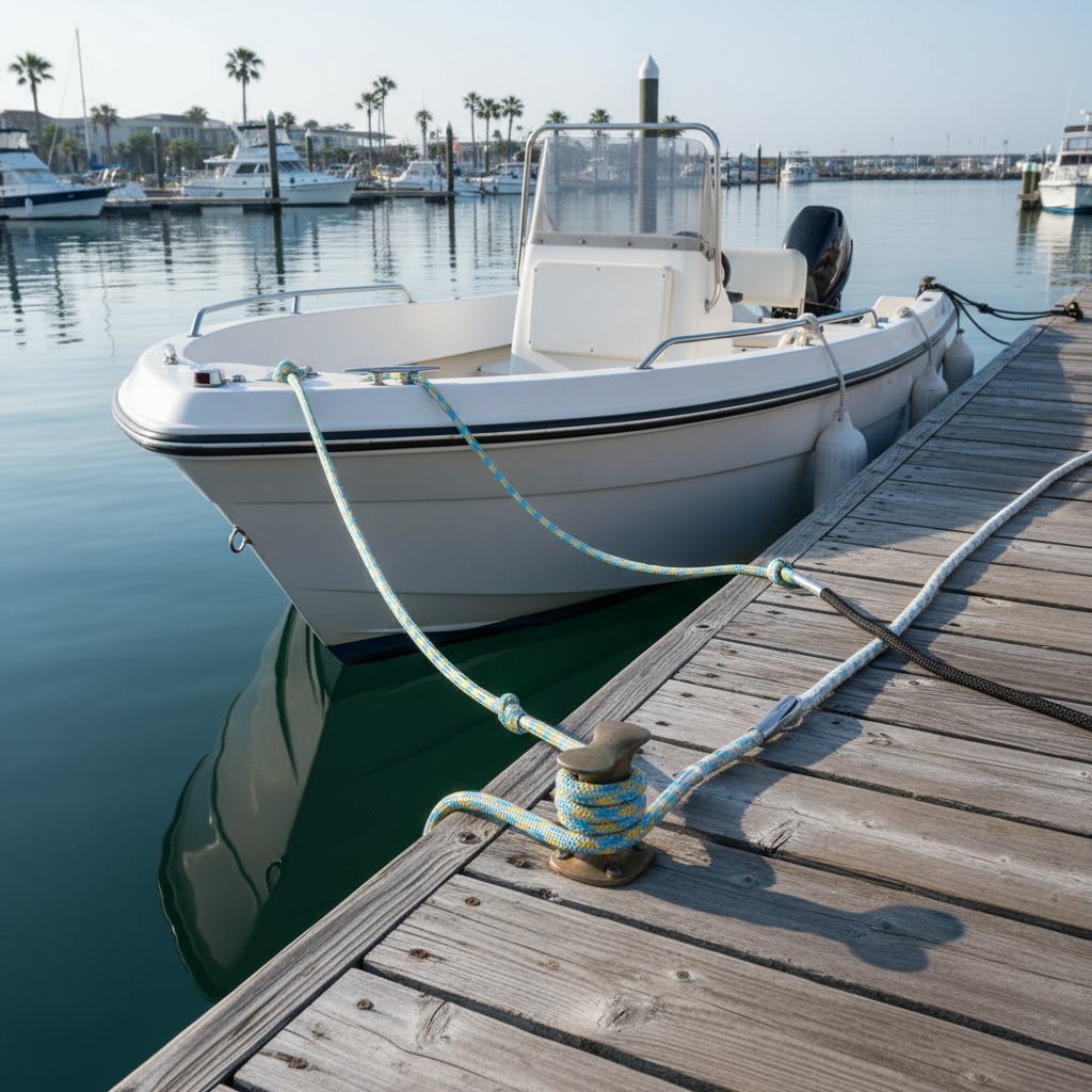 เรือยึดที่ท่าไม้ด้วยเชือกไนลอนขนาดพอดีหลากเส้นผ่านศูนย์กลาง แสดงห่วงต่อและ thimbles บนตะขอท่ามกลางน้ำทะเลอันสงบใต้ท้องฟ้าแจ่มใส