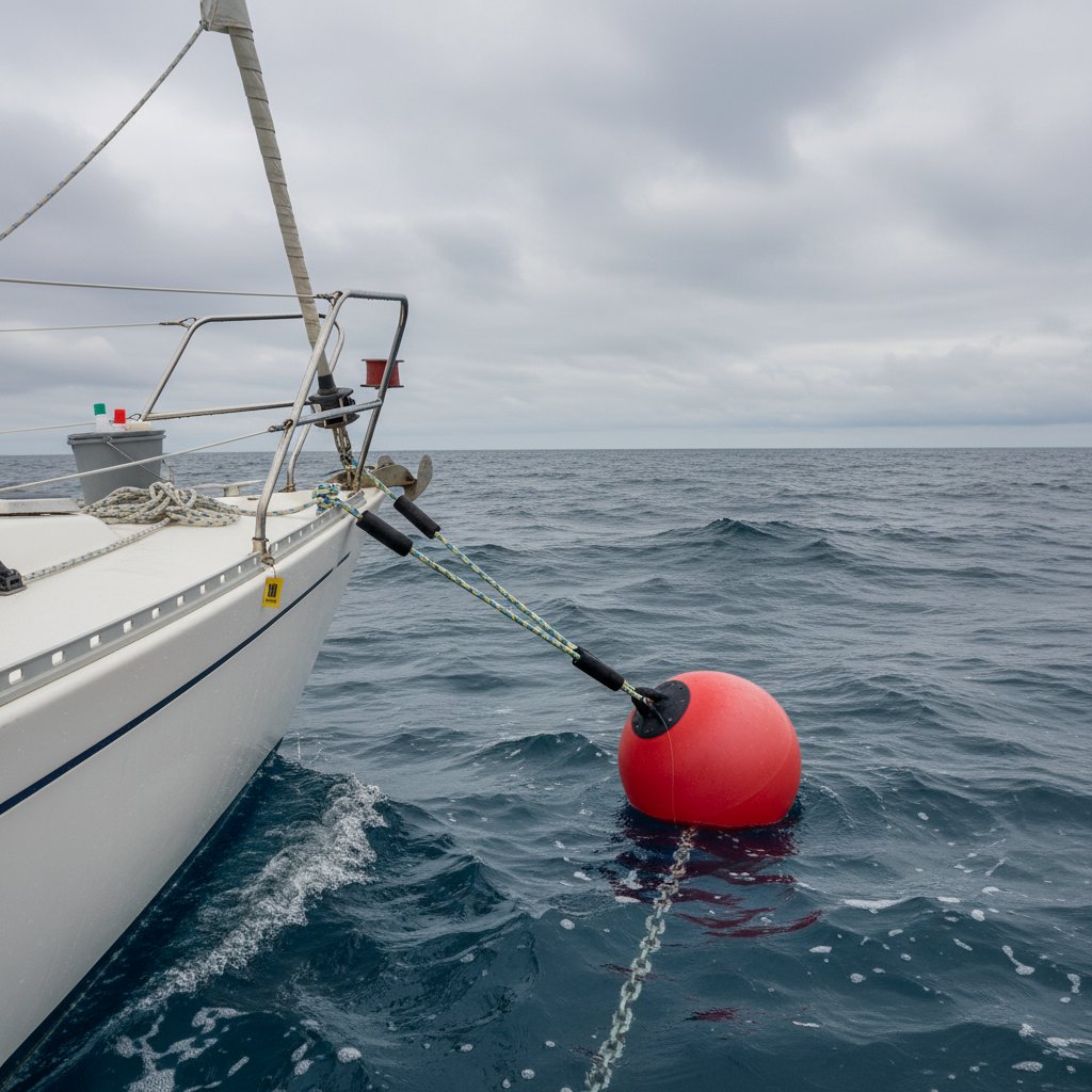 เรือใบจูงกับทุ่นในน้ำเปิดปั่นป่วน ด้วยเชือกไนลอนหนาแบบมีแผ่นป้องกันถลอกเชื่อมกับโซ่สมอใต้ผิวน้ำใต้ท้องฟ้ามืดครึ้ม