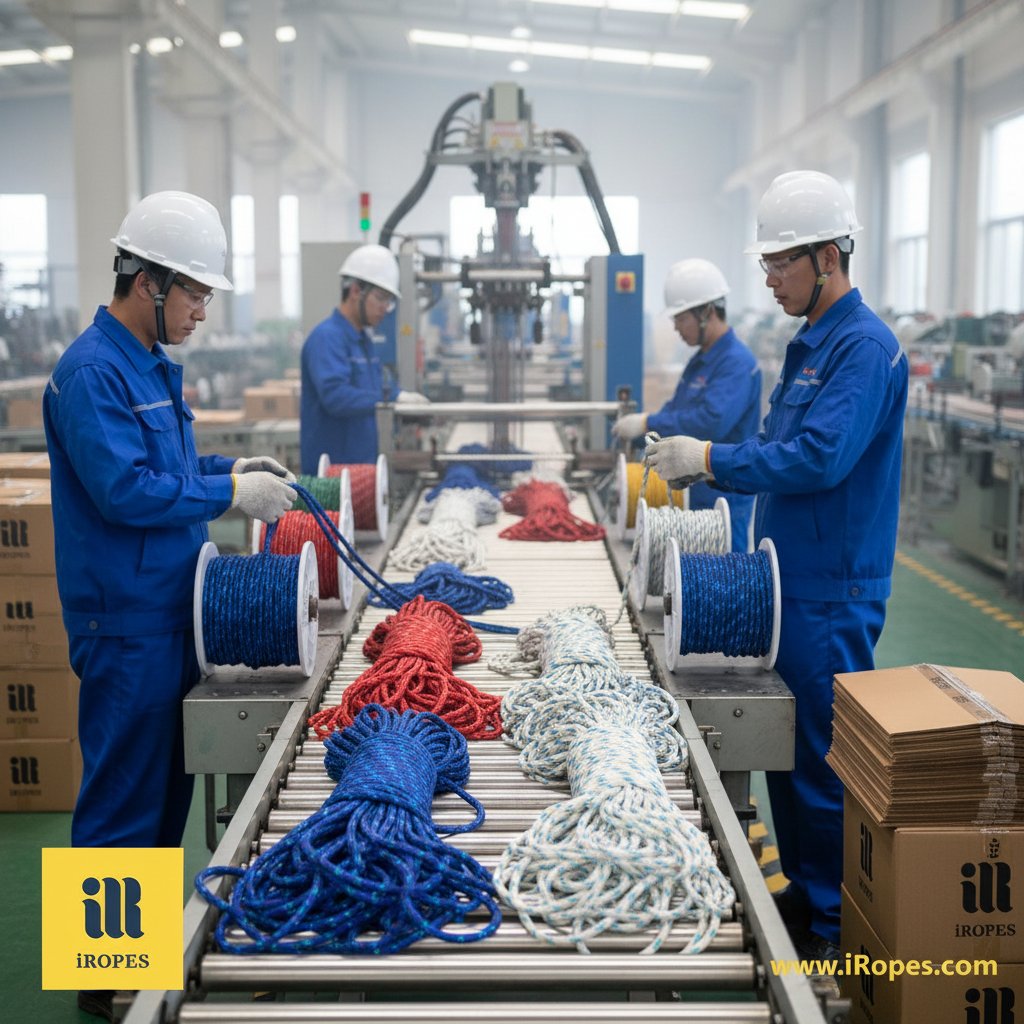 เชือกเรือ iRopes สั่งทำหลากสีและขนาดแสดงบนสายการผลิต มีองค์ประกอบสะท้อนและบรรจุภัณฑ์แบรนด์ ตรงพื้นหลังโรงงานสมัยใหม่กับคนงานตรวจคุณภาพ