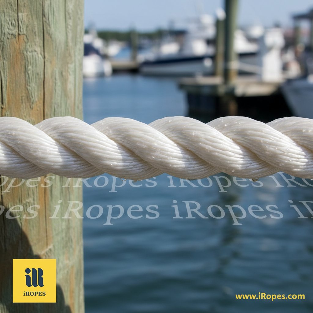 Pandangan dekat pada tali nilon tiga helai yang dipelintir menunjukkan serat nilon individual dalam pola heliks ketat di latar dermaga laut dengan air biru dan tiang kayu di belakang